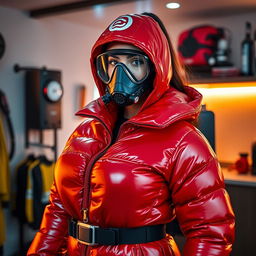 A striking woman with a curvy figure, dressed in a shiny red puffy cold water immersion suit that enhances her alluring silhouette