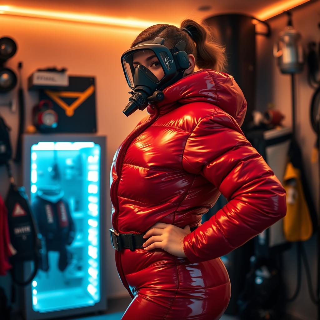 A striking woman with a curvy figure, dressed in a shiny red puffy cold water immersion suit that enhances her alluring silhouette