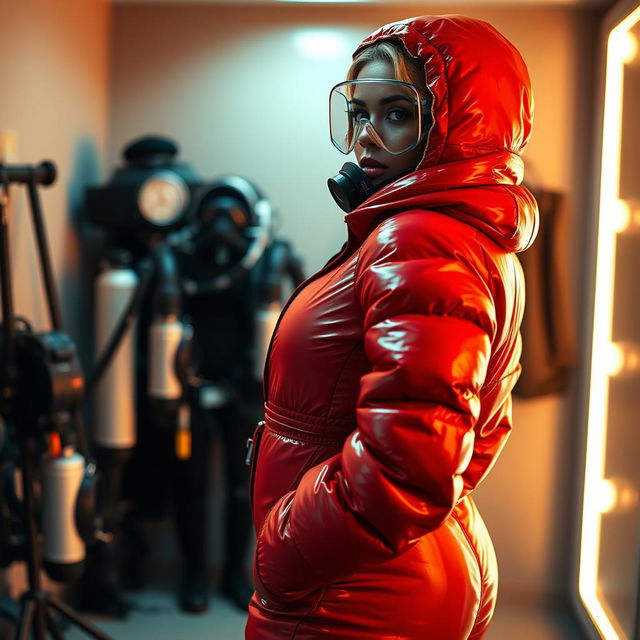 A striking woman with a curvy figure, dressed in a shiny red puffy cold water immersion suit that enhances her alluring silhouette