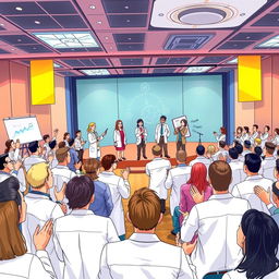 A beautifully illustrated scene of a vibrant conference room filled with doctors and researchers enthusiastically applauding