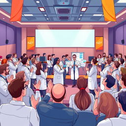 A beautifully illustrated scene of a vibrant conference room filled with doctors and researchers enthusiastically applauding