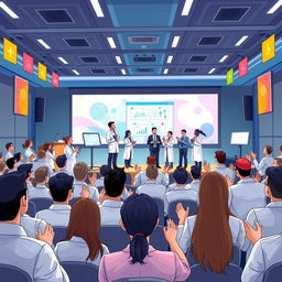 A beautifully illustrated scene of a vibrant conference room filled with doctors and researchers enthusiastically applauding