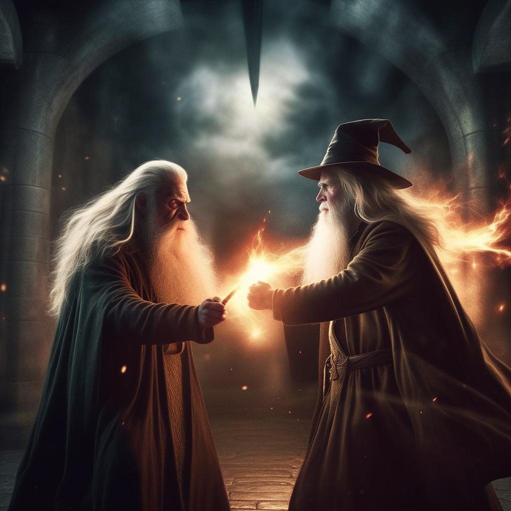 Albus Dumbledore from Harry Potter and Gandalf from Lord of the Rings fiercely engaged in a magical duel, with dramatic lighting and intense expressions.