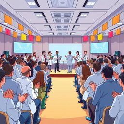 A beautifully illustrated scene of a vibrant conference room filled with doctors and researchers enthusiastically applauding