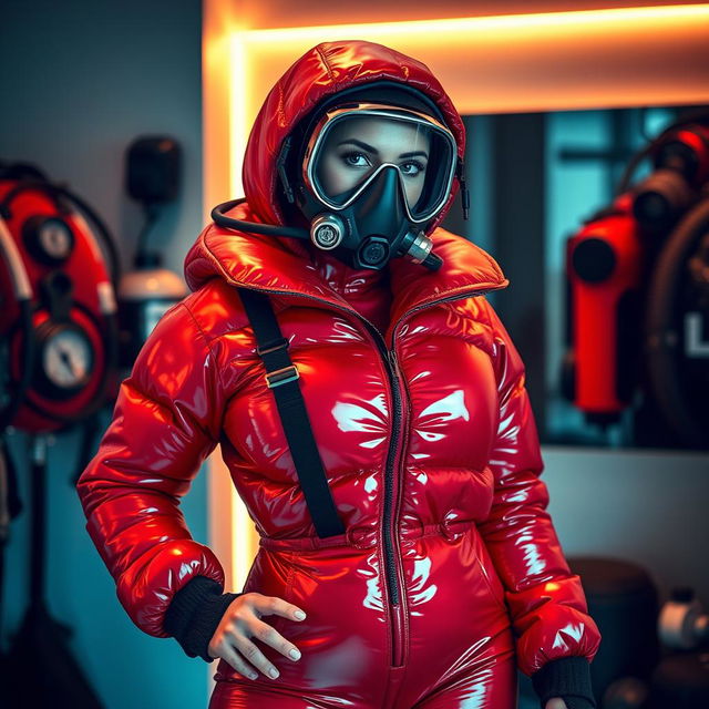 An alluring woman with a voluptuous figure, clad in a shiny red puffy cold water immersion suit that accentuates her curves