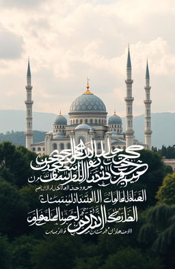 A beautifully designed Islamic calligraphy artwork featuring a majestic mosque