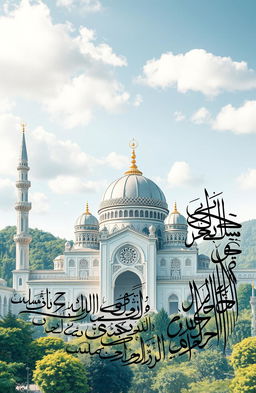 A beautifully designed Islamic calligraphy artwork featuring a majestic mosque