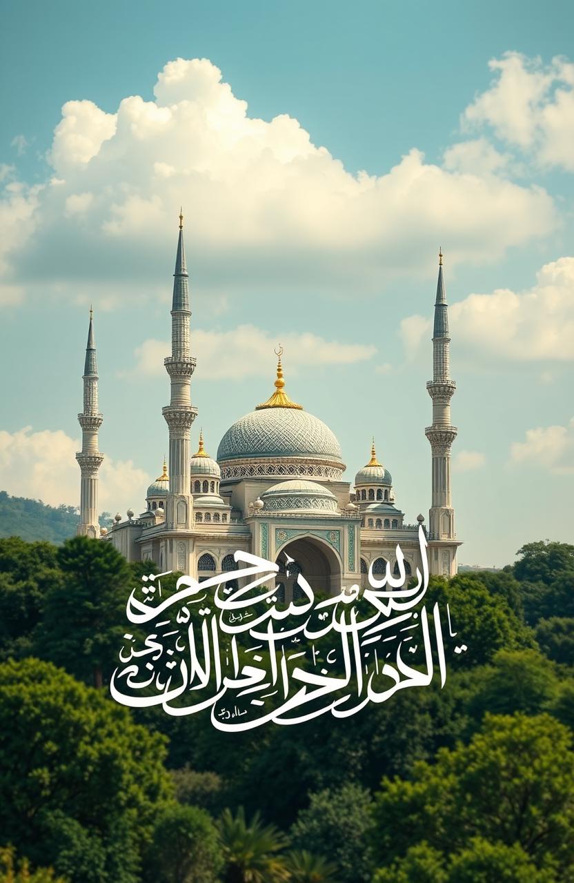 A beautifully designed Islamic calligraphy artwork featuring a majestic mosque