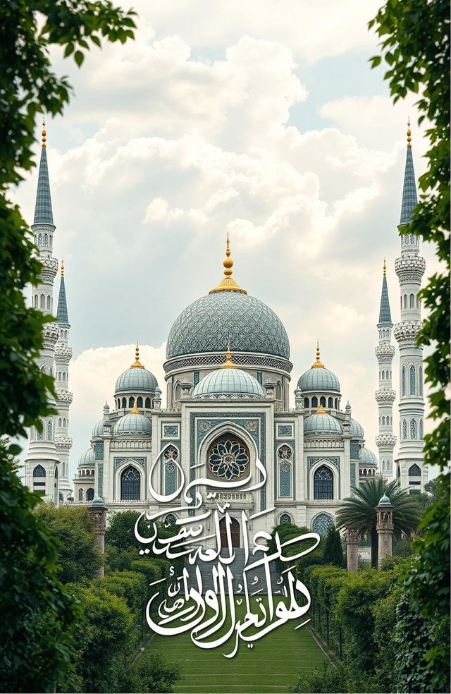 A beautifully designed Islamic calligraphy artwork featuring a majestic mosque