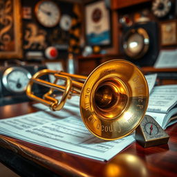 A beautifully crafted trombone resting on a rich wooden surface, glimmering under a warm spotlight