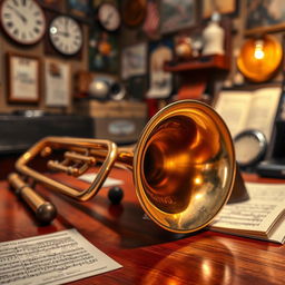 A beautifully crafted trombone resting on a rich wooden surface, glimmering under a warm spotlight