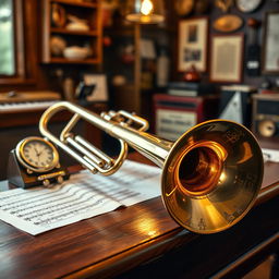A beautifully crafted trombone resting on a rich wooden surface, glimmering under a warm spotlight