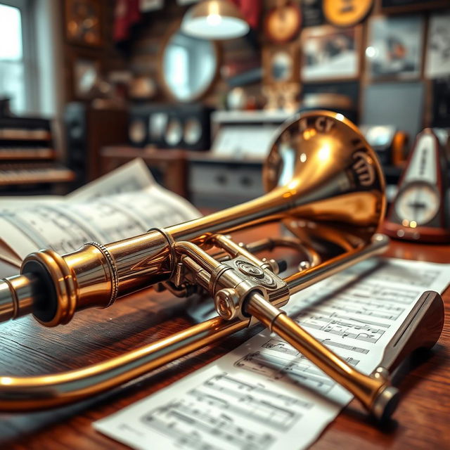 A beautifully crafted trombone resting on a rich wooden surface, glimmering under a warm spotlight