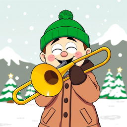 A cartoon-style illustration of Kyle Broflovski, a character from South Park, joyfully playing a trombone