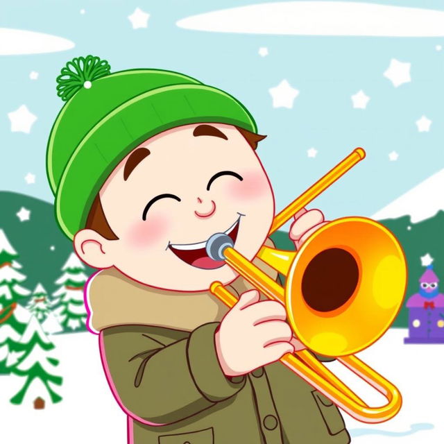 A cartoon-style illustration of Kyle Broflovski, a character from South Park, joyfully playing a trombone