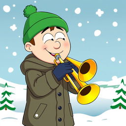 A cartoon-style illustration of Kyle Broflovski, a character from South Park, joyfully playing a trombone