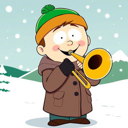 A cartoon-style illustration of Kyle Broflovski, a character from South Park, joyfully playing a trombone