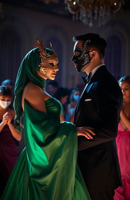 A romantic scene featuring two masked figures in a dimly lit, elegant ballroom
