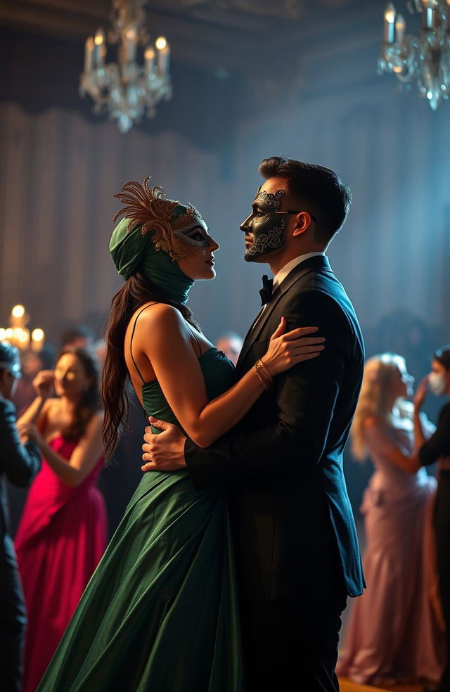 A romantic scene featuring two masked figures in a dimly lit, elegant ballroom