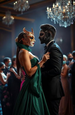 A romantic scene featuring two masked figures in a dimly lit, elegant ballroom
