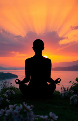 A serene and peaceful landscape featuring a beautiful sunset over a tranquil lake