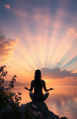 A serene and peaceful landscape featuring a beautiful sunset over a tranquil lake