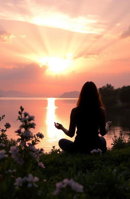 A serene and peaceful landscape featuring a beautiful sunset over a tranquil lake