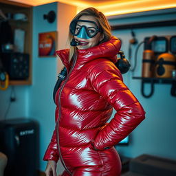 An attractive woman with an hourglass figure, confidently wearing a shiny red puffy cold water immersion suit that showcases her curves