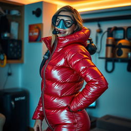 An attractive woman with an hourglass figure, confidently wearing a shiny red puffy cold water immersion suit that showcases her curves