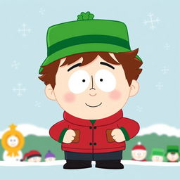 A cartoon-style portrait of Kyle Broflovski from South Park, showcasing his distinct features such as his green hat, red jacket, and black pants