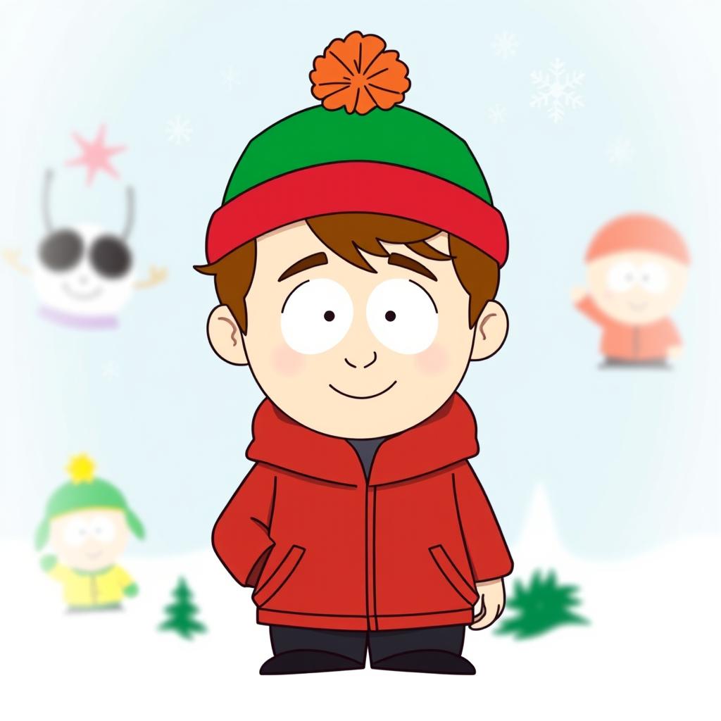 A cartoon-style portrait of Kyle Broflovski from South Park, showcasing his distinct features such as his green hat, red jacket, and black pants