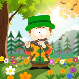 A cartoon-style illustration of Kyle Broflovski from South Park, happily playing a flute with a cheerful expression