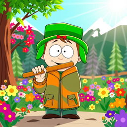A cartoon-style illustration of Kyle Broflovski from South Park, happily playing a flute with a cheerful expression