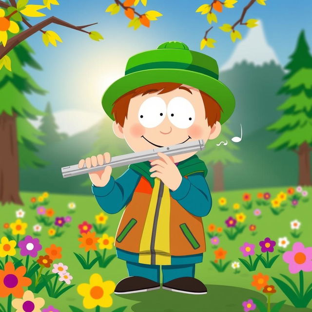 A cartoon-style illustration of Kyle Broflovski from South Park, happily playing a flute with a cheerful expression