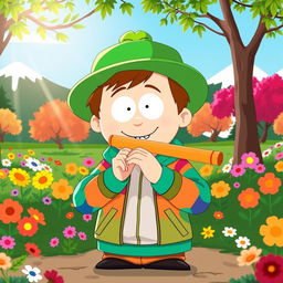 A cartoon-style illustration of Kyle Broflovski from South Park, happily playing a flute with a cheerful expression