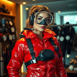 A captivating woman with an appealing figure, sporting a shiny red puffy cold water immersion suit that highlights her curves