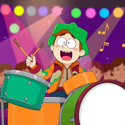 A cartoon-style illustration of Kyle Broflovski from South Park enthusiastically playing a drum set
