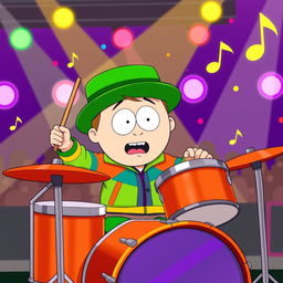 A cartoon-style illustration of Kyle Broflovski from South Park enthusiastically playing a drum set