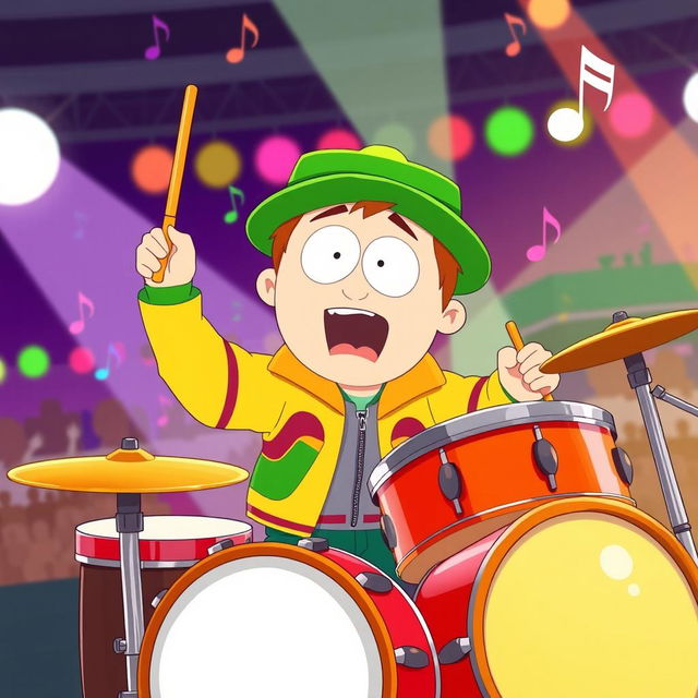 A cartoon-style illustration of Kyle Broflovski from South Park enthusiastically playing a drum set