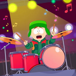 A cartoon-style illustration of Kyle Broflovski from South Park enthusiastically playing a drum set