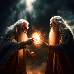 Albus Dumbledore from Harry Potter and Gandalf from Lord of the Rings fiercely engaged in a magical duel, with dramatic lighting and intense expressions.