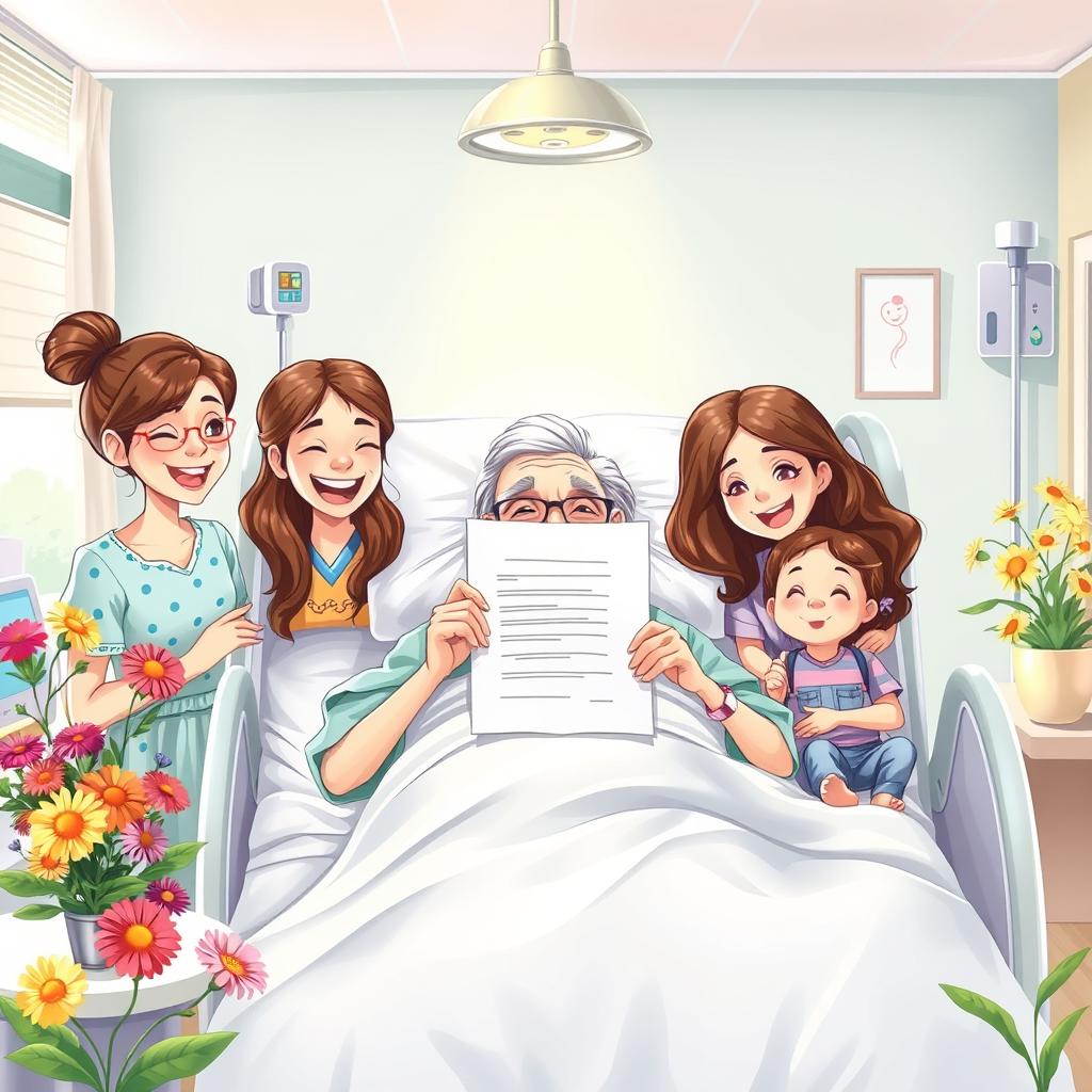 A beautifully illustrated scene depicting an elderly patient in a hospital bed, smiling joyfully while holding a positive medical report