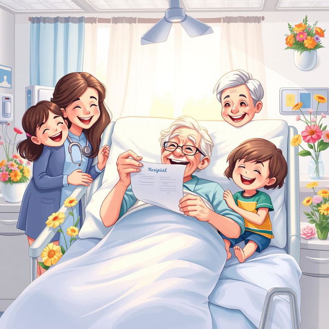 A beautifully illustrated scene depicting an elderly patient in a hospital bed, smiling joyfully while holding a positive medical report