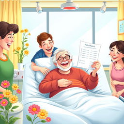 A beautifully illustrated scene depicting an elderly patient in a hospital bed, smiling joyfully while holding a positive medical report