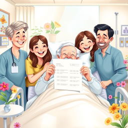 A beautifully illustrated scene depicting an elderly patient in a hospital bed, smiling joyfully while holding a positive medical report