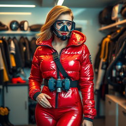 A stunning woman with an attractive figure, dressed in a shiny red puffy cold water immersion suit that beautifully emphasizes her curves