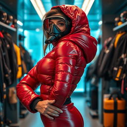 A stunning woman with an attractive figure, dressed in a shiny red puffy cold water immersion suit that beautifully emphasizes her curves