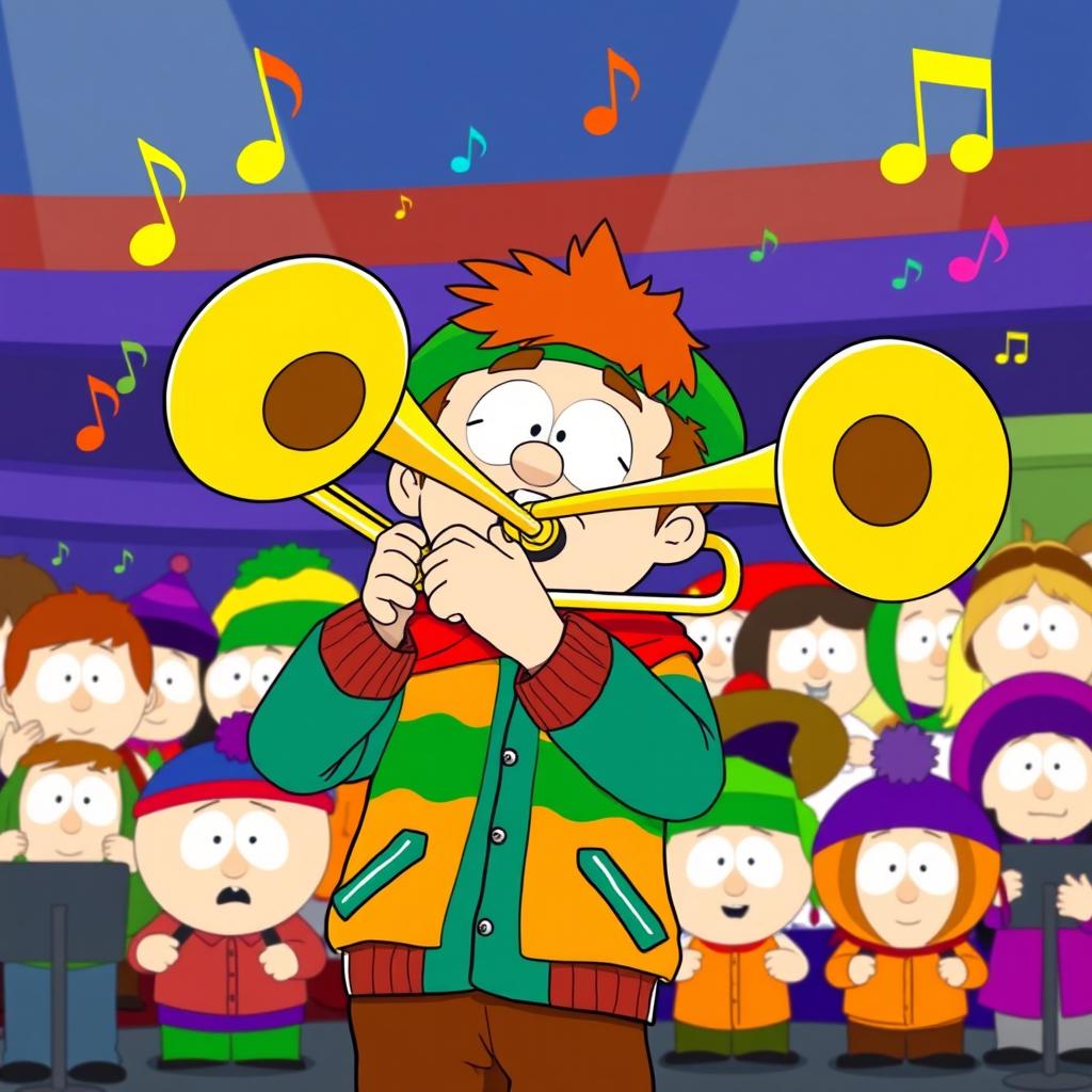 A cartoon-style illustration of Kyle Broflovski from South Park enthusiastically playing a trombone