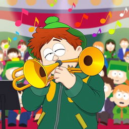 A cartoon-style illustration of Kyle Broflovski from South Park enthusiastically playing a trombone