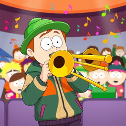 A cartoon-style illustration of Kyle Broflovski from South Park enthusiastically playing a trombone